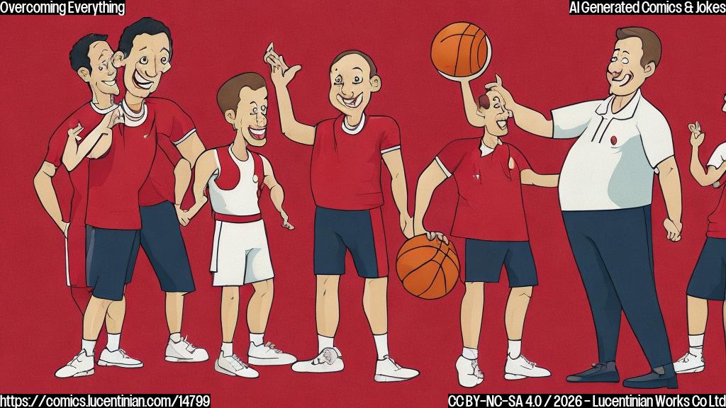 A plain color cartoon of a basketball coach, a man with a slightly surprised but proud smile, wearing a plain wine-red polo shirt. He stands on a basketball court, shrugging playfully with hands open. In front of him, three basketball players in plain wine-red and gold uniforms are cheering and high-fiving. The background is a simplified basketball court outline.