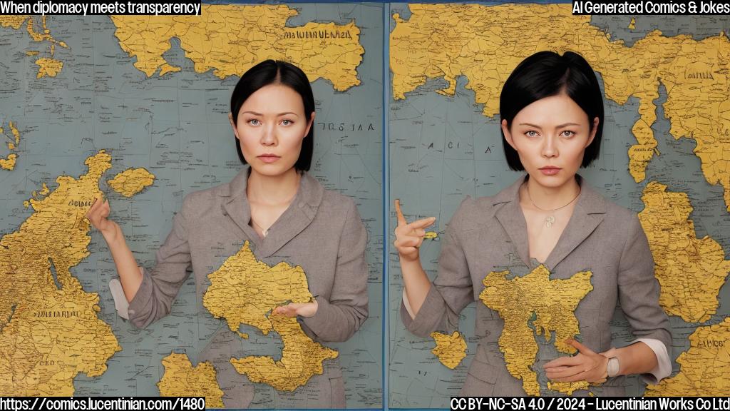 A stern-looking woman with short, dark hair and a serious expression is standing in front of a split-screen image. On one side, there's a map of Asia with multiple countries labeled, while on the other side, there's a map of Eastern Europe with Ukraine and Russia labeled. The woman is pointing to the Asian map, indicating a region with several countries that are not explicitly labeled.