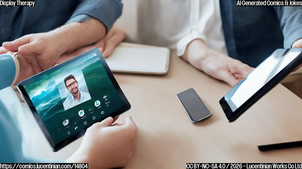 A smartphone with a shallow display crease sitting on a therapist's couch, looking sad and folded inward. The therapist is holding a tablet with a flat screen, smiling at the camera.