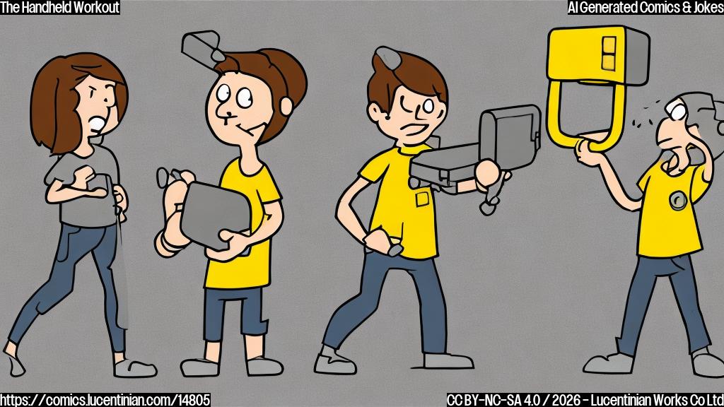 A plain color cartoon illustration in a simple, flat style. On the left, a person with short, tousled brown hair, wearing a casual grey t-shirt, is comically struggling to hold a very large, rectangular gaming device. The device is dark grey, about 13 inches wide and 8 inches tall, with simple, bright yellow circular buttons and black joysticks on its surface. The person's arms are outstretched and visibly strained, with a bead of sweat on their forehead, conveying effort. On the right, a kind-faced doctor figure with short dark hair, wearing a white lab coat and a light blue scrub top underneath, has a gentle, slightly concerned expression, holding a small clipboard. The background is a solid light blue color.