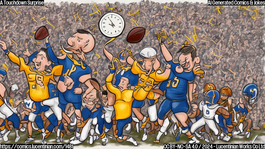 Draw a cartoon style image of two football players from opposing teams, one with a surprised expression and holding up a clock, surrounded by footballs and cheering crowds.