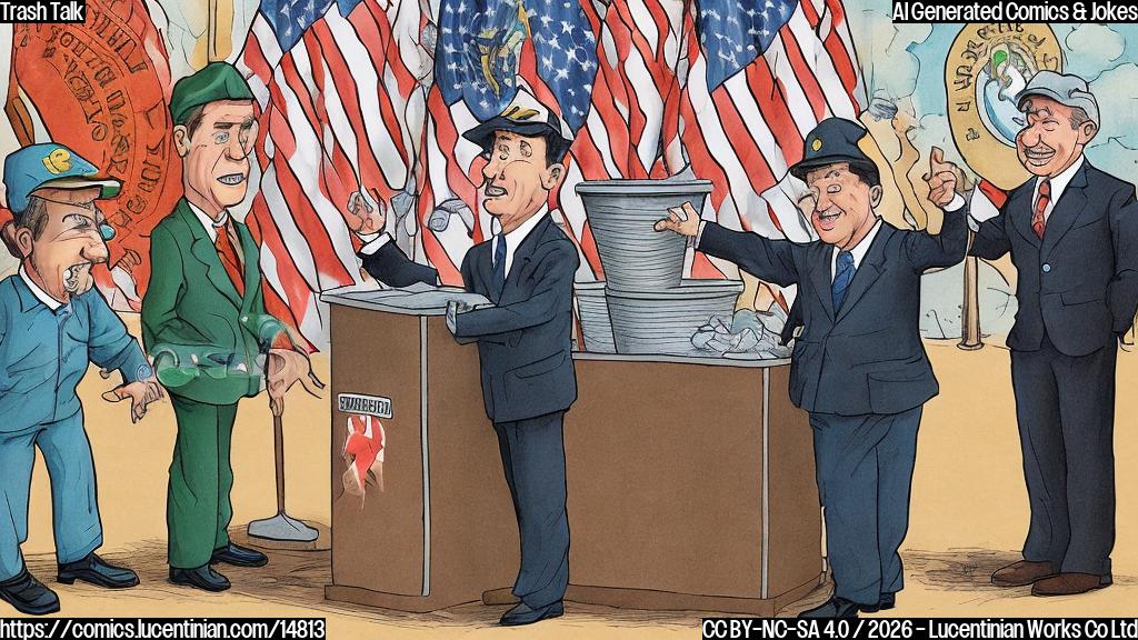 A cartoon of two governors, one wearing a "Republican" hat and the other wearing a "Democrat" hat, standing at an empty podium with a big trash can behind them. The trash can has a speech bubble saying "Good riddance!"