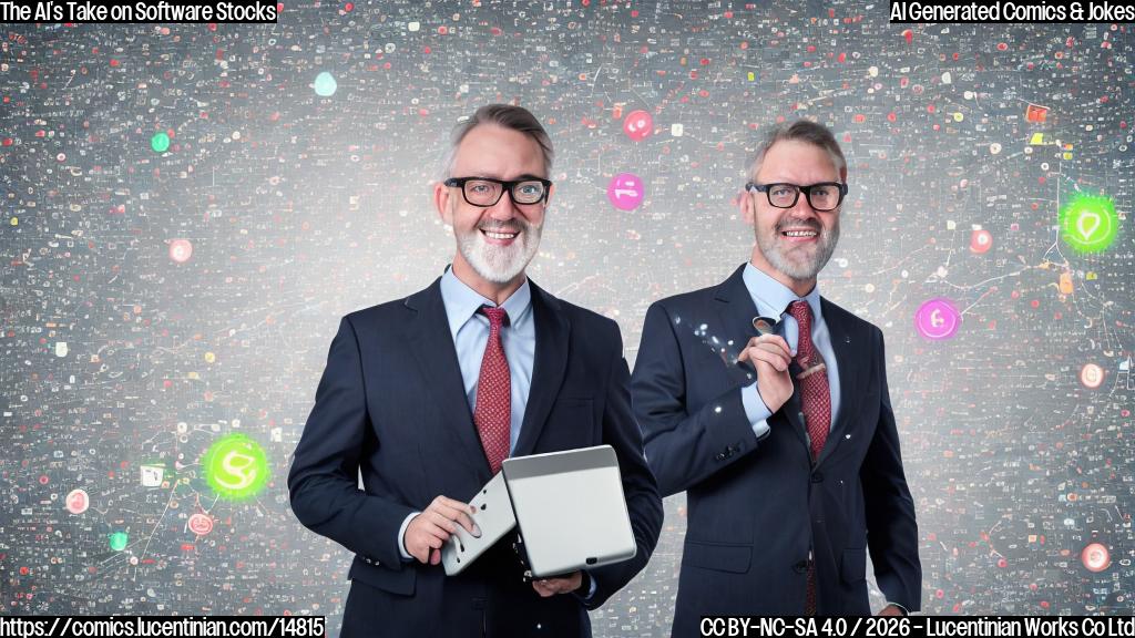 A cartoon style image of a smiling, bespectacled middle-aged man with a briefcase and a laptop, surrounded by graphs and charts, with a subtle hint of a stock market ticker tape in the background. The man is holding a megaphone and has a confident expression on his face, as if trying to convince others about the correct interpretation of the market trends.