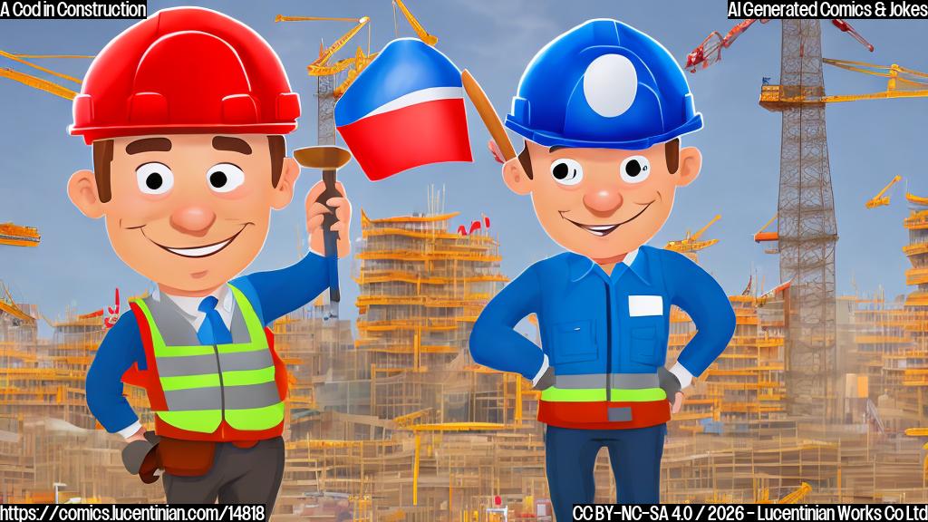 Draw a cartoon of a smiling, top-hatted building inspector holding a trowel and standing next to a construction site with a stack of colorful panels in the background. The building in the distance should have a French flag waving on its roof.