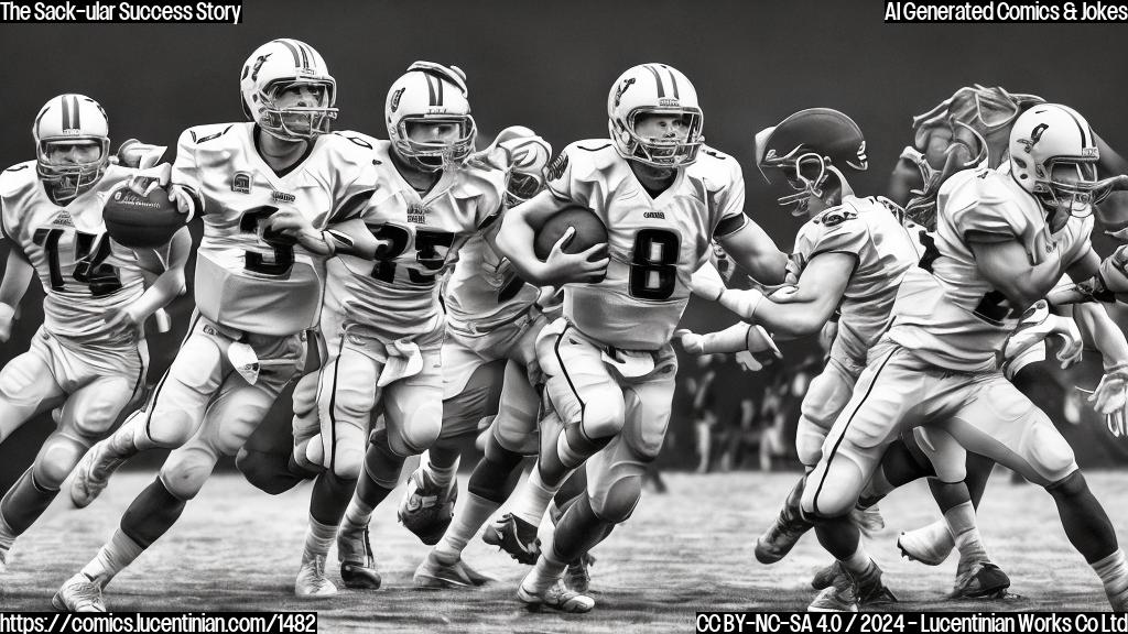 Draw a cartoon style picture of a football quarterback running away from a group of defensive players, with one player in the background making a triumphant gesture while another player is struggling to complete a pass. The quarterback should be wearing a determined expression and have a hint of exhaustion on his face. Incorporate some movement and action into the drawing to emphasize the chaotic nature of the situation.