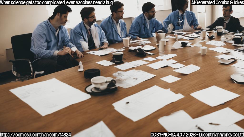 a panel of experts from reputable medical organizations gathered around a large table with scattered papers and empty coffee cups looking concerned and frustrated together