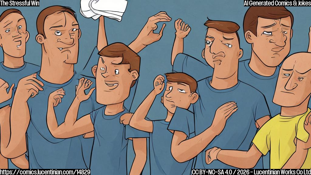 Plain color cartoon style illustration. A very tired male basketball coach in a simple tracksuit, holding a towel, wiping sweat from his forehead. He has an expression of extreme exhaustion mixed with profound relief. In the background, two tall, athletic players in plain, solid-colored jerseys are high-fiving weakly, looking relieved but completely worn out. They are on a minimalist basketball court, with a single plain basketball nearby. No complex details, just solid shapes and colors.