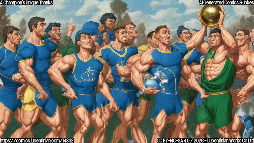 A plain color cartoon. A muscular, athletic man in a bright blue sports uniform, holding a large golden championship trophy aloft with a wide grin. Behind him, a small group of figures in plain green sports uniforms look slightly bewildered and a bit sad. One green-uniformed figure is shrugging with a puzzled expression. The background is a simple, stylized stadium interior, suggesting a celebration on one side and mild confusion on the other.