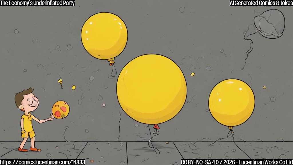 A plain color cartoon style illustration. In the foreground, a large, slightly saggy yellow balloon with a melancholic expression, visually representing the overall economic situation. Next to it, a smaller, round red balloon, only half-inflated and struggling to float weakly, symbolizing rising consumer costs that didn't quite reach expectations. On the ground, a completely flat, blue balloon with visible 'leak' lines suggesting persistent air loss, representing persistently falling producer prices. The background is a simple, plain light grey, depicting a subdued party setting with perhaps a few unlit party streamers hanging limply. The overall mood is slightly downcast but with a touch of gentle humor.