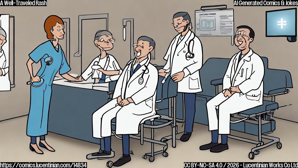 A plain color cartoon in a clean hospital setting. On the right, a kind-faced doctor character, an adult wearing a white lab coat and a stethoscope, is looking with a slightly amused expression at a patient character. On the left, the patient character, an adult, is seated on an examination table, with visible bright red spots scattered across their face and arms. The background is simple, showing light-colored walls of a medical examination room.