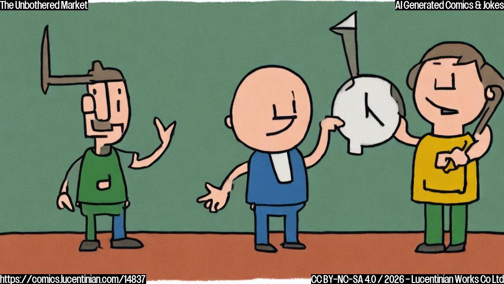 A plain color cartoon of a simplified, friendly, and slightly abstract character representing "the market." This character has a round head, simple body, and is wearing a green vest with a small upward-pointing arrow on it. It stands with its shoulders visibly shrugging, a relaxed smile on its face. In the background, in muted, plain colors, there are faint, cloud-like shapes labeled "Weak Sales" and "Inflation" that the character seems completely unconcerned by. The style is clean, minimalist, and uses a limited, bright color palette.