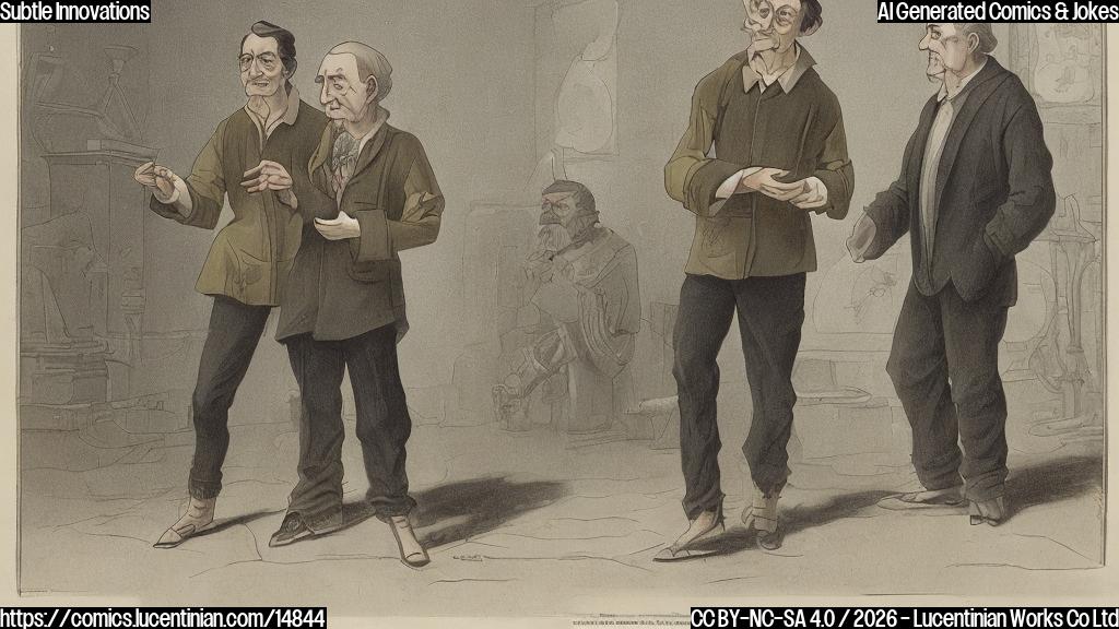 A plain color cartoon depicting two human-like figures. One, a younger character with an eager expression and a simple, rectangular grey device in hand, is looking at an older, slightly jaded-looking character. The older character is shrugging with a knowing smile. The background is a solid, light color.