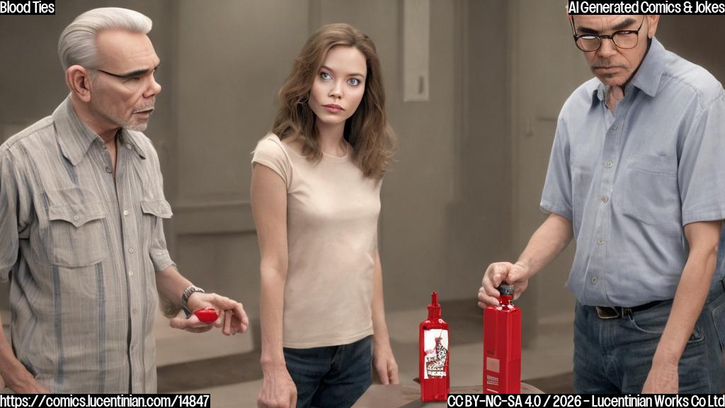 A cartoon-style image of a young actress, Michelle, looking curious and worried, standing in front of an older man, Billy Bob Thornton, who is holding a small vial with red liquid. The vial has a hint of Angelina Jolie's face on it.