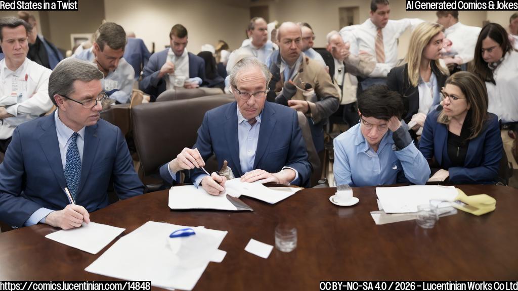 A group of stern-looking politicians from predominantly Republican states are seated around a large table, looking concerned and talking to an FDA representative who is scribbling notes on a pad. The FDA rep is wearing a neutral expression, while the politicians have a mix of frustration and worry etched on their faces.