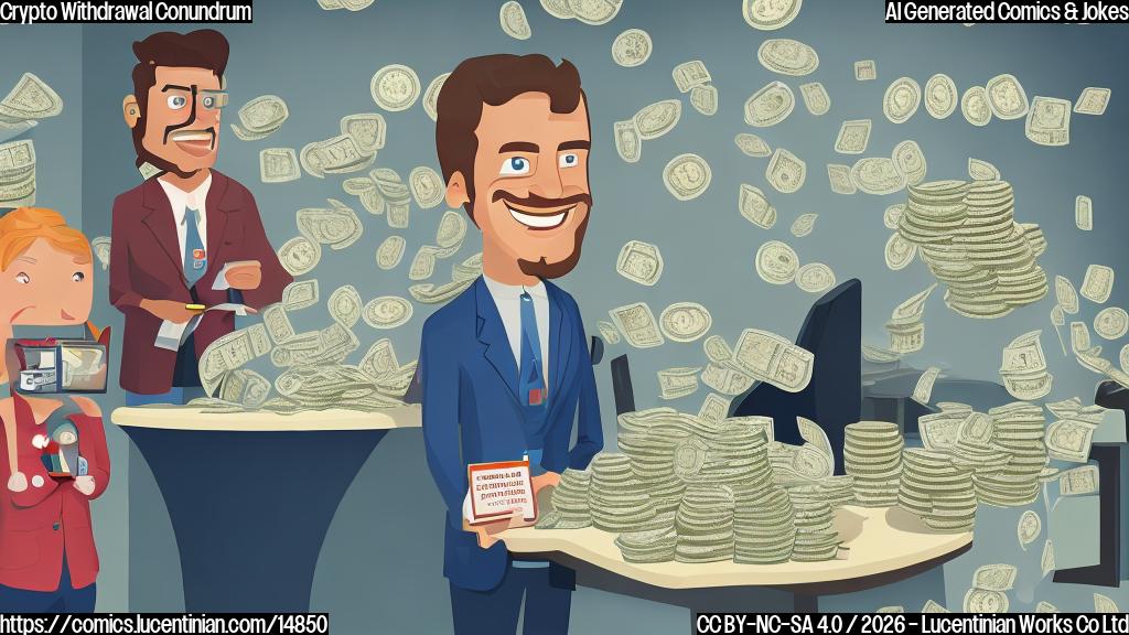 Image of a smiling cartoonish bank teller with a sack of coins and a worried-looking customer in the background, surrounded by screens displaying cryptocurrency exchange rates and withdrawal fees. The bank teller is holding a pen to write on a piece of paper as the customer looks at it with a mixture of frustration and understanding.