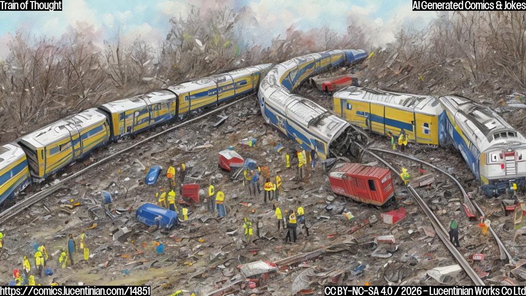 Draw a plain color cartoon style picture of a freight train derailment scene, with a Metra passenger train in the background, surrounded by debris and emergency responders.