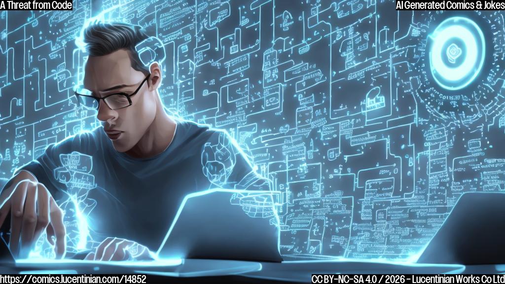 Generate an illustration of a person frantically pressing buttons on a computer, with a giant code snippet hovering above their head, and a " terminated" notice in the background.