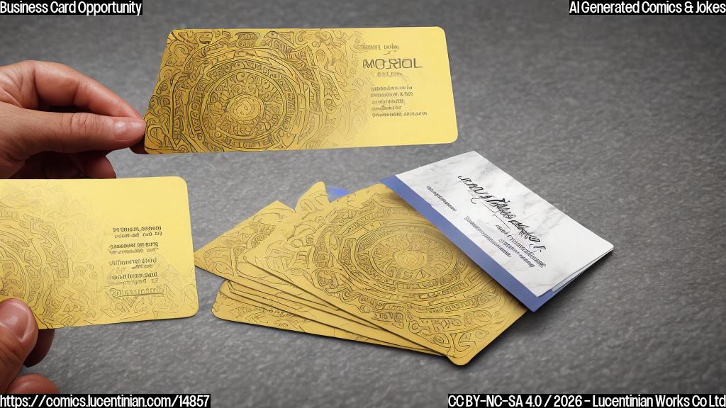 Draw a cartoon style image of a person holding a business card with various valuable resources (marble, gold, iridium, uranium, thorium) and oil/gas deposits on the card. The background should have a subtle Afghan or Middle Eastern design.