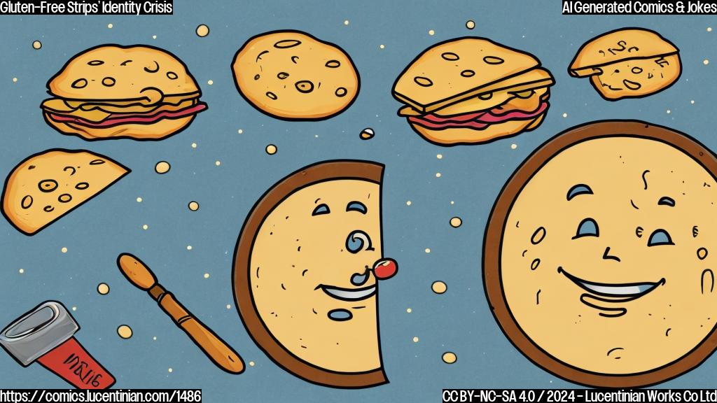 Draw a plain color cartoon style picture of a smiling gluten-free tortilla strip holding a frying pan with a thought bubble above it. The thought bubble should show a faint image of a slice of bread with a bite taken out of it, surrounded by a halo with the words "Gluten" written in small letters.