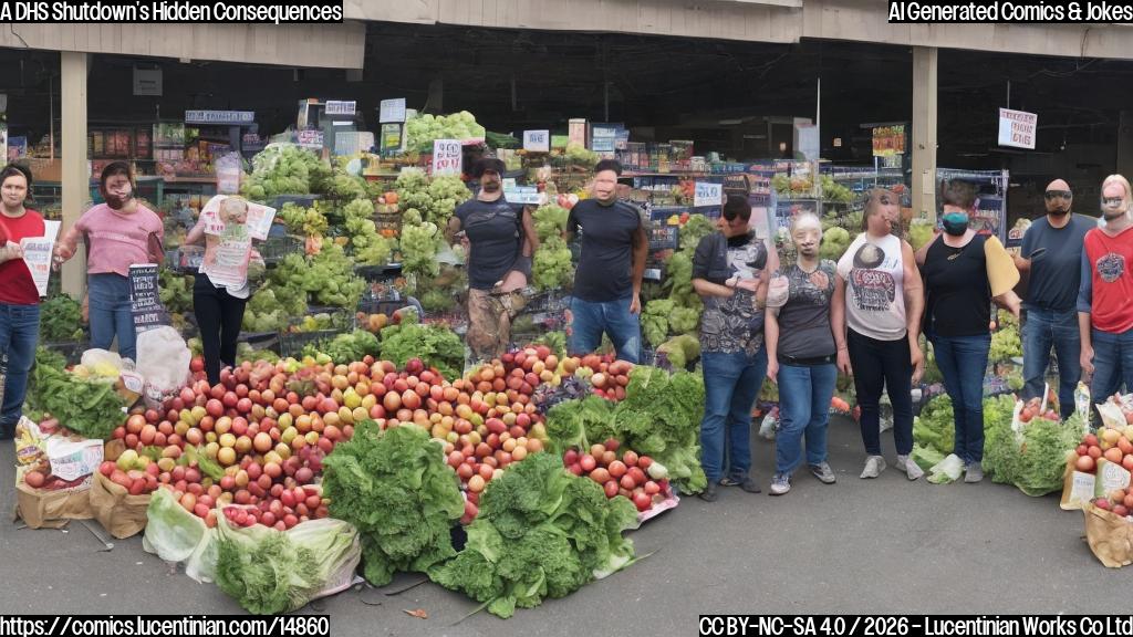 A group of people standing in front of a grocery store with a large pile of fruits and vegetables, surrounded by barbed wire and warning signs. The people are all holding "Smuggling Apples" and "Immigration Enforcement" signs.