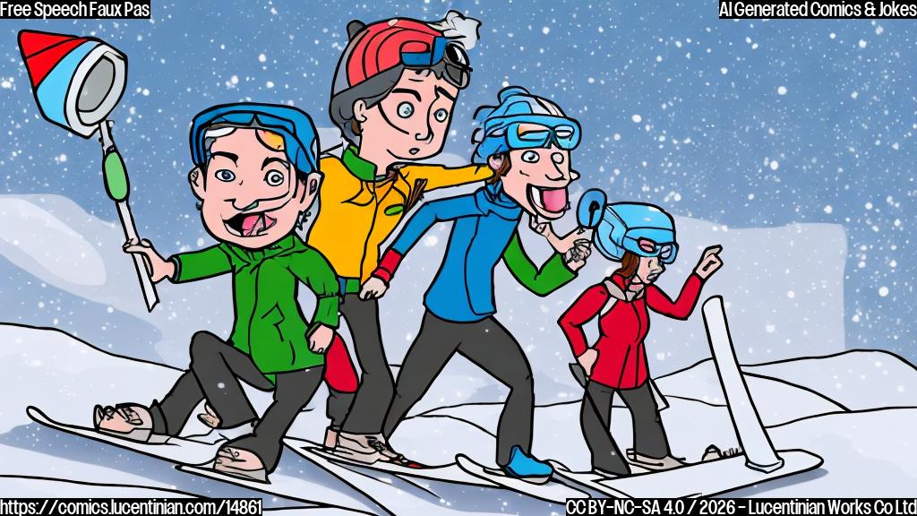 Draw a cartoon style picture of a person (male) wearing a freestyle skier's outfit, holding a megaphone and shouting. In the background, there is another person (female) watching him with an unimpressed expression, with a snowboard in hand. The snowboard should have a red "X" marked on it.