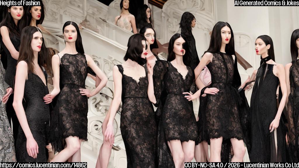 A woman with long, dark hair and red lips standing on a staircase, wearing a black lace gown that shines under the light. She is surrounded by models showcasing Ralph Lauren's fall 2026 fashion designs.