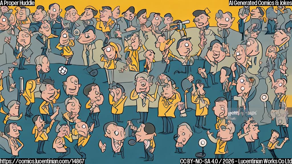 A plain color cartoon illustration. A cheerful, middle-aged male executive with short hair, wearing a simple business suit, stands on a small stage at a podium with a microphone. He has a big, proud smile and is gesturing with one hand. Behind him and slightly to the side, a small group of eight generic, robust cartoon figures representing football players, dressed in simple, solid-color uniforms (e.g., red and white, blue and yellow), are gathered in a tight huddle formation. The background is a plain, light green color, suggesting a minimalist sports field. The style is clean, with thick outlines and minimal shading.