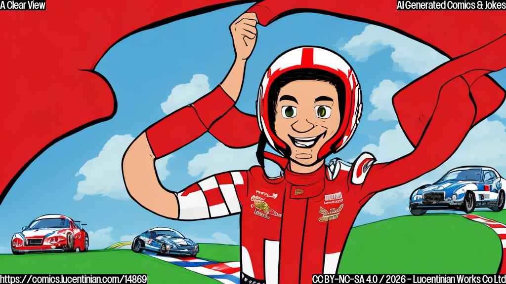 A plain color cartoon depicting a grizzled male race car driver in a bright red racing suit and helmet, standing triumphantly on a checkered flag pattern at a race track's starting line. He is pumping his fist in the air with a wide, happy smile visible beneath his helmet's visor. The background is a simplified, plain blue sky and a green grassy area. The style is bold lines, flat colors, and minimal shading.