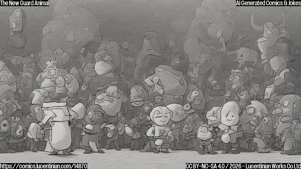 Plain color cartoon style. A very large, slightly slumped figure with a friendly, non-threatening expression, holding a small, plush toy. Around it, several smaller, worried-looking figures are huddled together, whispering amongst themselves with concerned expressions. In the distance, a shadowy, mischievous-looking figure is peeking from behind a corner, clearly not intimidated by the large, friendly figure. The background is a simple, neutral color.