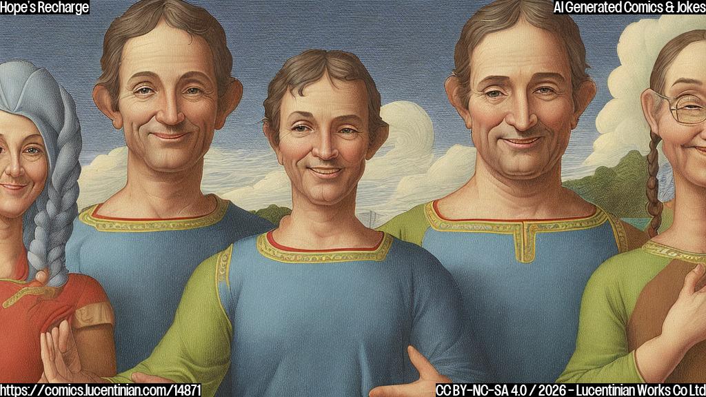 A plain color cartoon style picture showing three distinct human-like figures.
Figure 1: A person with short, neat dark hair, wearing a simple blue tunic, looking up with a wide, joyful smile, hands raised slightly in triumph.
Figure 2: A person with long, flowing light-brown hair, wearing a green dress, with a beaming smile and one hand over their heart, radiating warmth.
Figure 3: A person with spiky, reddish hair, wearing an orange shirt, with a mischievous grin and eyes sparkling with newfound enthusiasm, pointing upwards.
All three figures are standing on a fluffy, white cloud labeled "February 12, 2026". In the foreground, partially visible under the edge of the cloud, is a small, glowing battery icon with a green charge bar, next to a small, brightly shining star labeled "Hope". Below the cloud, there's a small, stylized pile of gray, jagged shapes representing "old worries". The background is a gradient of soft blue and purple, with tiny, distant twinkling stars.