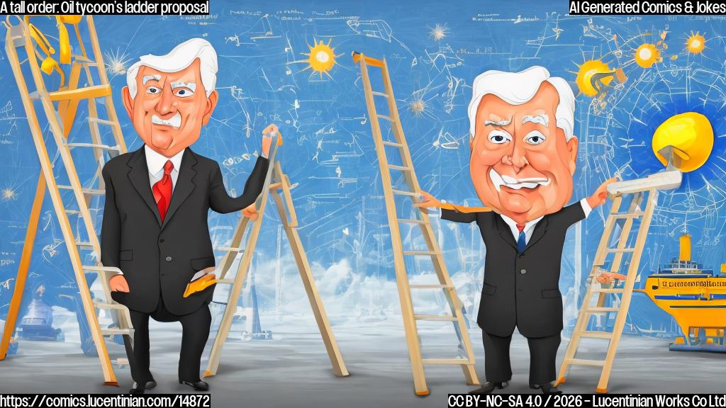 Draw a cartoon style picture of an oil tycoon standing in front of a large diagram, holding a ladder and standing next to the US Energy Secretary, who looks surprised. The background should be a cityscape with oil rigs in the distance.
