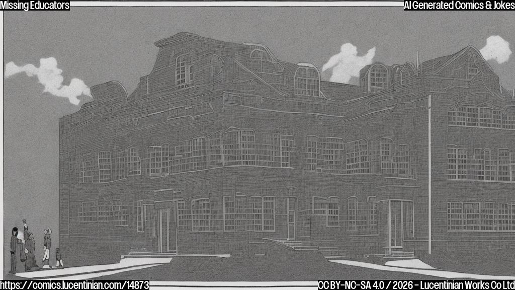 A plain color cartoon illustration of a large, two-story school building, made of simple red brick with a few windows, looking quiet and a little deserted, with a clear 'CLOSED' sign on its main door. In front of the school, a diverse group of four adult educators â€“ two women and two men â€“ stand together in a unified pose. They are drawn in a clean, simple cartoon style with solid, bright colors, conveying a sense of determination and professionalism. Their expressions are resolute and thoughtful, suggesting their commitment to their work and the situation. The overall image uses clear outlines and block colors.