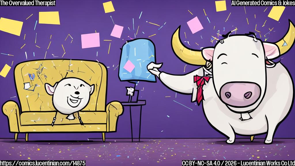 Draw a cartoon of a smiling bull with a therapist's couch and a ticker tape in the background. The bull is wearing a suit and holding a briefcase, symbolizing its newfound confidence after reaching new highs.