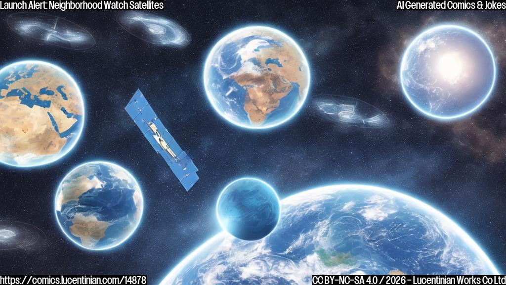 Illustrate a cartoon style image of three satellites in formation, with each one wearing a concerned expression on its face. The background should be a dark blue sky with a crescent moon shining bright. Incorporate a few stars and a silhouette of the Earth in the distance.