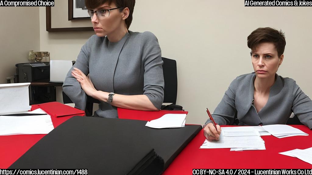 a woman with a stern expression and a military-style haircut is sitting in a therapist's office, looking uncertain; a red folder with classified documents sits on the table between them