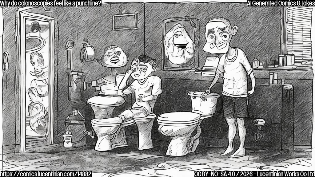 A cartoon style drawing of a young adult sitting on a toilet, with a worried expression, and a colon (:) in the background with a red "X" marked through it. The young adult is holding a toilet plunger with a surprised look on their face.