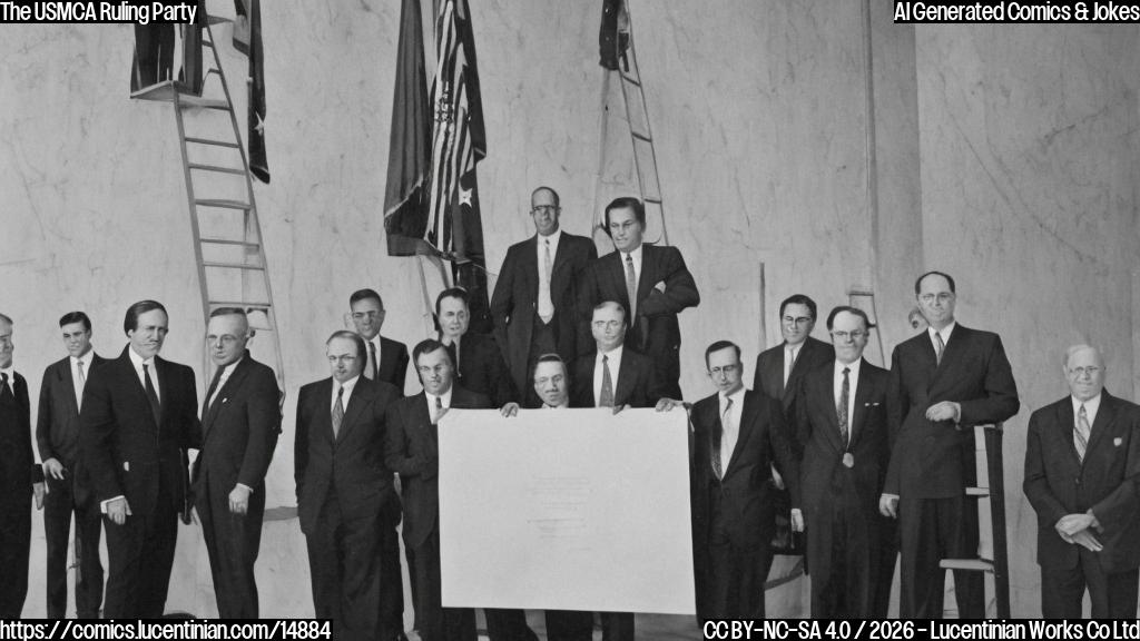 A group of senators standing on a ladder, with a large document or agreement visible in the background, and one senator holding a step stool, looking determined.