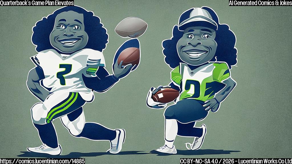 A smiling face with a football in hand and a step stool next to it, set against a subtle Seattle Seahawks background with a faint grid pattern, in a cartoon style of 8-bit pixel art.
