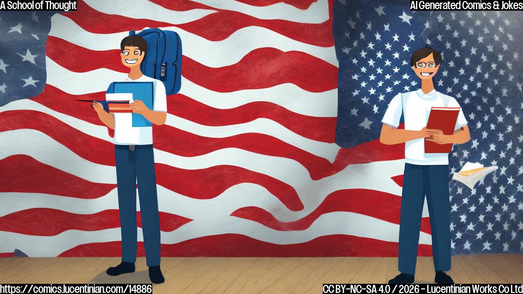 Illustrate a cartoon of a person with a stack of papers and a backpack, standing in front of an American flag, surrounded by bars and a prison-like background. The person is smiling and holding a notebook open to a page with a high GPA.