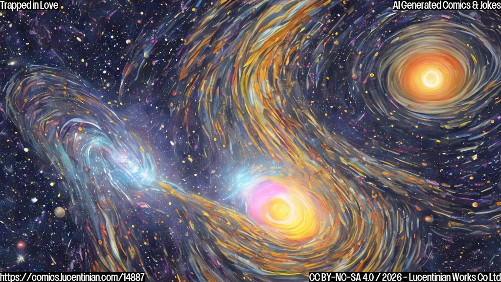 Draw a cartoon style image of two astronauts holding hands, with one being pulled into a massive, swirling vortex in the background, surrounded by stars and galaxies. The vortex should be depicted as an infinite void with an eerie glow.