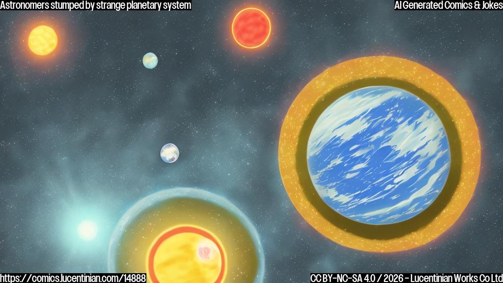 Draw a simple cartoon of two planets with six and five suns respectively, floating in space. The six-sun planet has an irregular shape, while the five-sun planet looks more spherical. Add some sparkles around both planets to convey their uniqueness.
