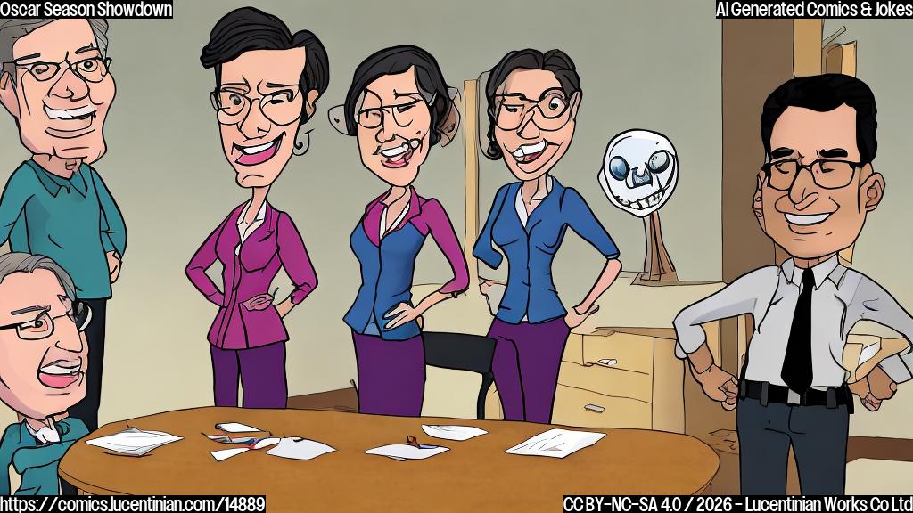 Draw a cartoon of a therapist in the middle, with one side having a smiling Oscar statuette and the other side having a frowning Oscar statuette. The background should have a blurred image of "Masterminds" and "The Holdovers" posters on either side of the therapist's office window. Both characters are leaning towards the therapist, looking concerned.