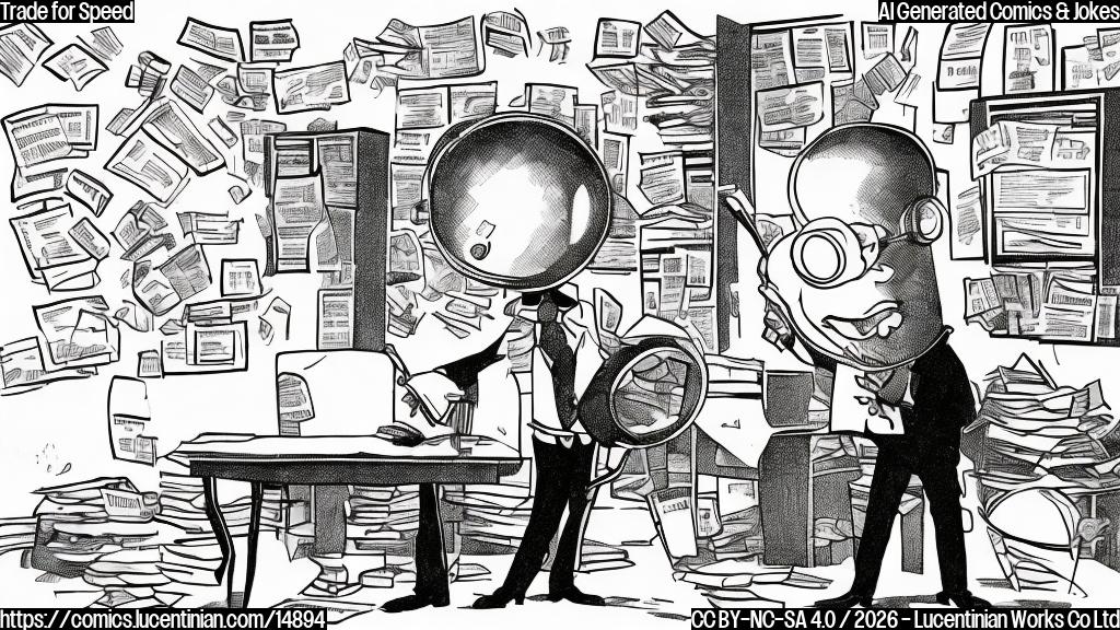 A cartoon of a person in a suit with a magnifying glass looking at another person who is surrounded by papers and pens, with a football on their desk. The person in the suit should be holding a clipboard with a list of documents.
