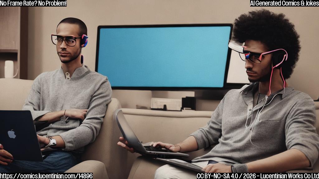 A futuristic, cartoon-style image of a person wearing an Apple Vision Pro headset sitting on a therapist's couch, looking dejected, with a laptop screen in the background displaying a YouTube app. The therapist is holding a tablet with a visionOS logo and has a puzzled expression.