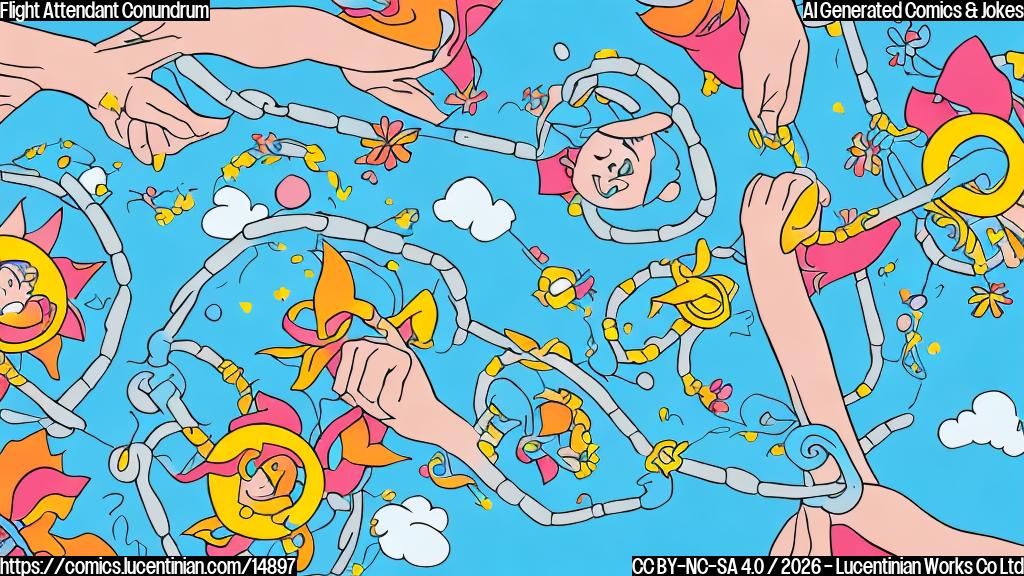 Illustrate a cartoon-style image of a group of happy, smiling flight attendants holding hands and forming a chain, with two additional attendants in the middle, as if they are "serving" or connecting with each other, surrounded by subtle airplane silhouettes and spring-themed elements, such as flowers or suns.