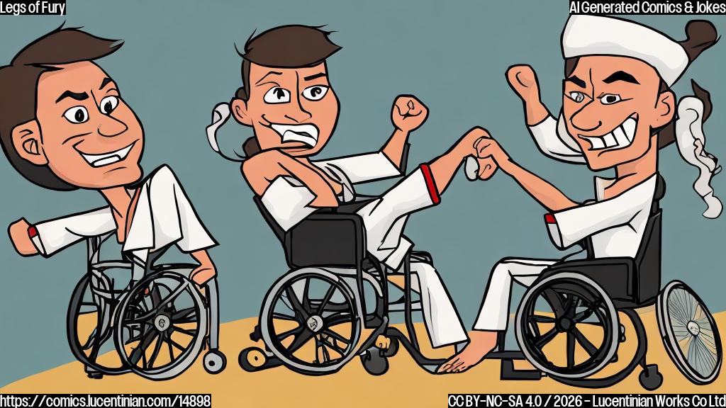 Draw a cartoon style image of a smiling wheelchair facing a determined wrestler sitting in his wheelchair, both are wearing karate uniforms, and there's a Karate Combat logo in the background.