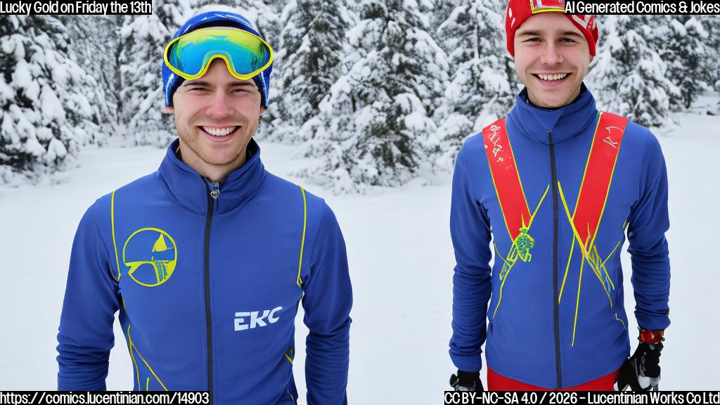 A plain color cartoon style picture. An athletic male cross-country skier, appearing to be in his late 20s or early 30s, with a broad smile and a triumphant expression. He is wearing a snug, streamlined ski suit in a bold primary color like royal blue or bright red, a small matching beanie hat, and sport goggles pushed up onto his forehead. He is standing in a snowy landscape, holding up a large, shiny gold medal in one hand. His skis are on the ground next to him, and he holds ski poles in his other hand. The background is a simple, stylized snowy mountain range under a clear blue sky, with simple white and light blue color palette for snow and sky.