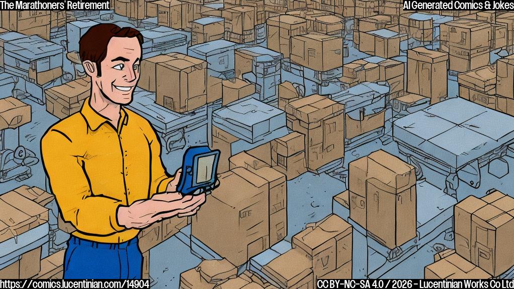 A plain color cartoon style illustration depicting a bright, expansive warehouse interior. In the foreground, a relaxed and content male human worker, with short brown hair and a friendly smile, stands casually in a simple blue uniform shirt and dark trousers, holding a small handheld device. He is looking towards the middle ground where several sleek, box-shaped automated robots with small wheels are rapidly and energetically moving various packages across the polished floor. These robots are depicted in solid, vibrant primary colors like red, blue, and yellow. The overall scene emphasizes efficiency and the stark contrast between the human's calm posture and the robots' dynamic movement. No intricate details or shading, just clean lines and solid, flat colors.