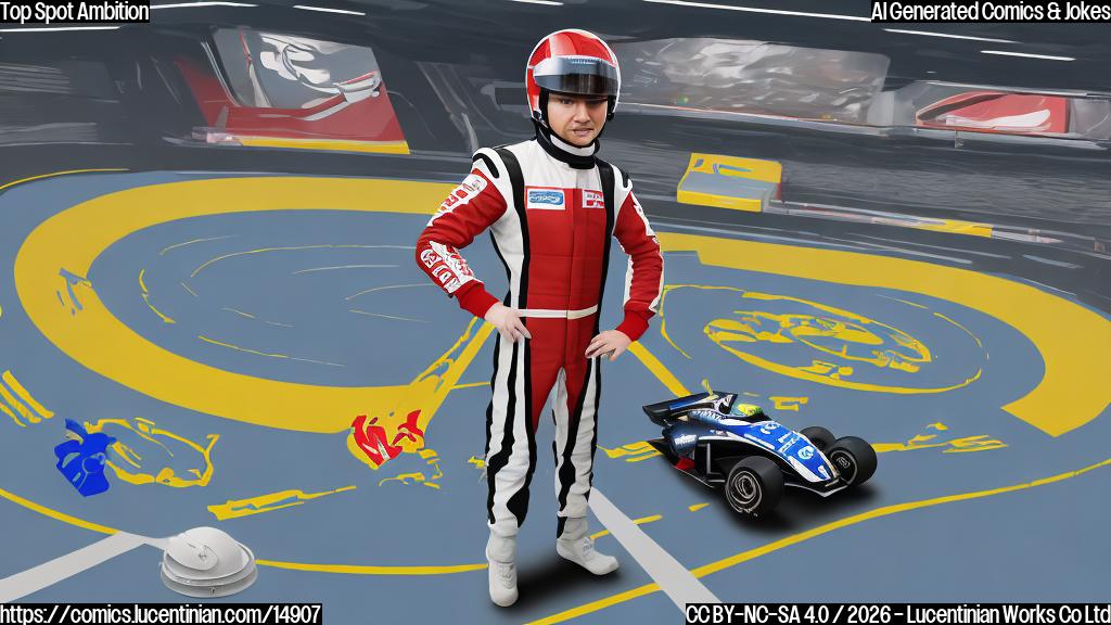 A plain color cartoon style picture. A determined-looking racing driver, wearing a helmet and a racing suit with a silver team logo, stands next to a small, red step stool. In the background, there's a simplified view of a racing track pit lane with a digital leaderboard showing his name at the very top. The driver is gesturing upwards towards the top of the leaderboard with one hand, holding the step stool with the other. The colors are simple and bold.