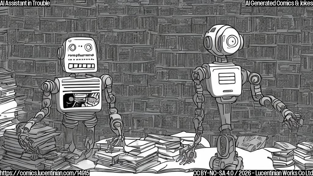 A robot with a microphone and a computer screen sits at a desk, surrounded by books. The robot has a speech bubble above its head with a sentence written on it. The sentence is a summary of the book. The AI's expression is surprised and apologetic.